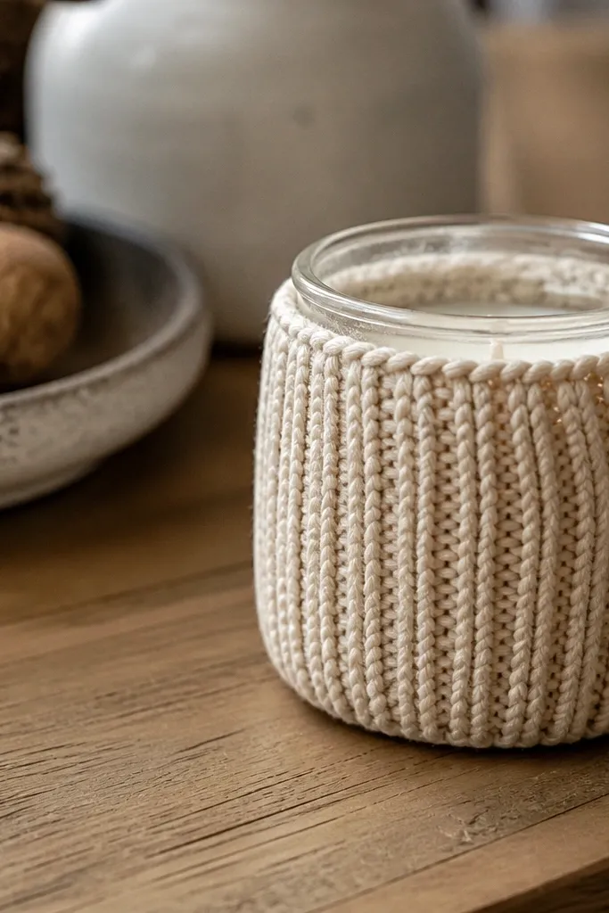 Small crochet candle cozy with vertical rib texture in warm neutral color