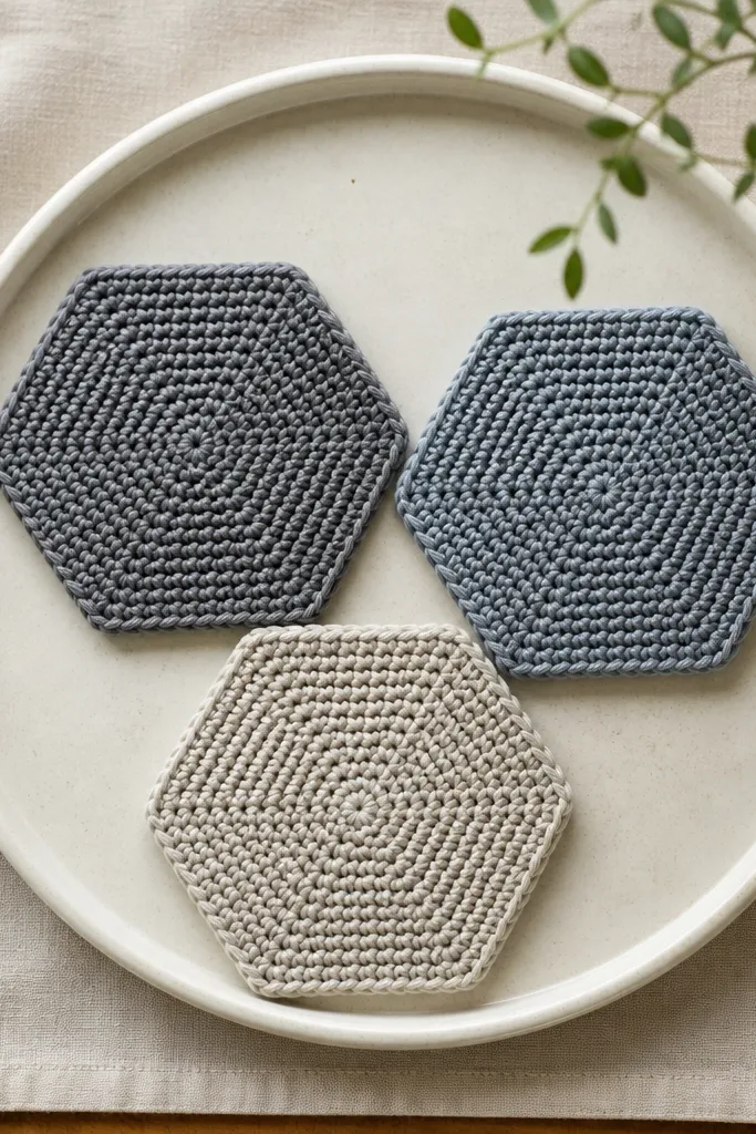 Small hexagon crochet coasters in matching neutral colors