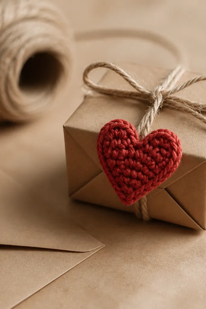 Small matte red crochet heart tag with a thin hanging loop