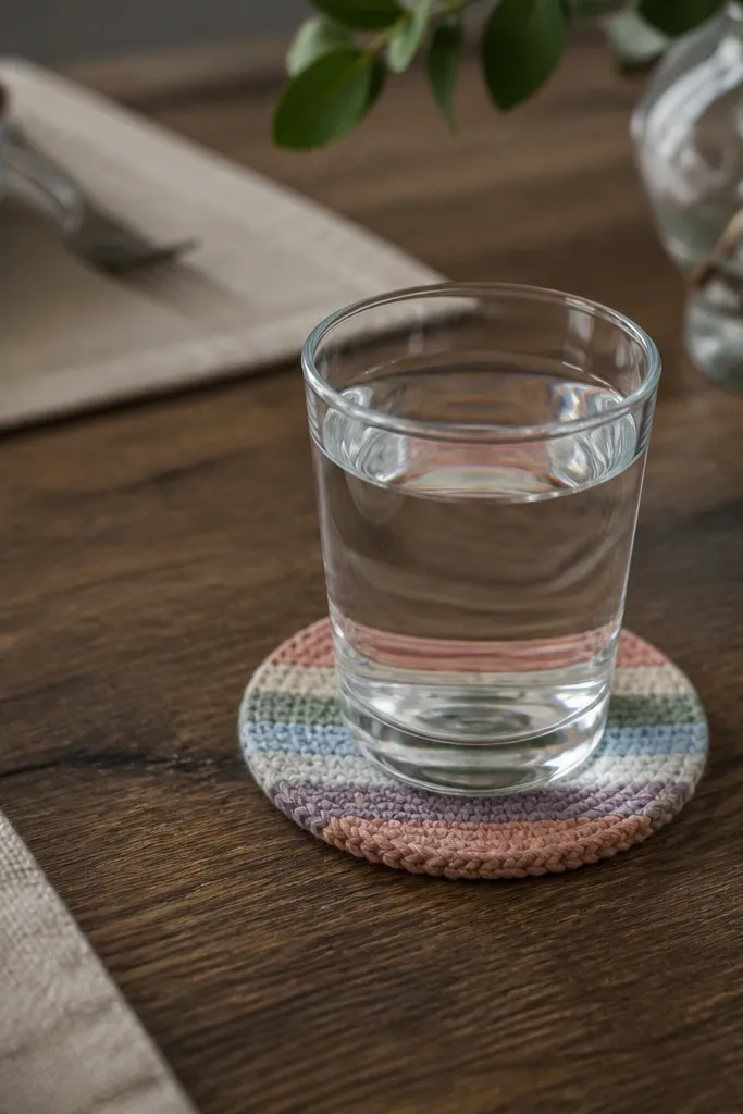 Small coaster with muted rainbow stripes and a neat round border