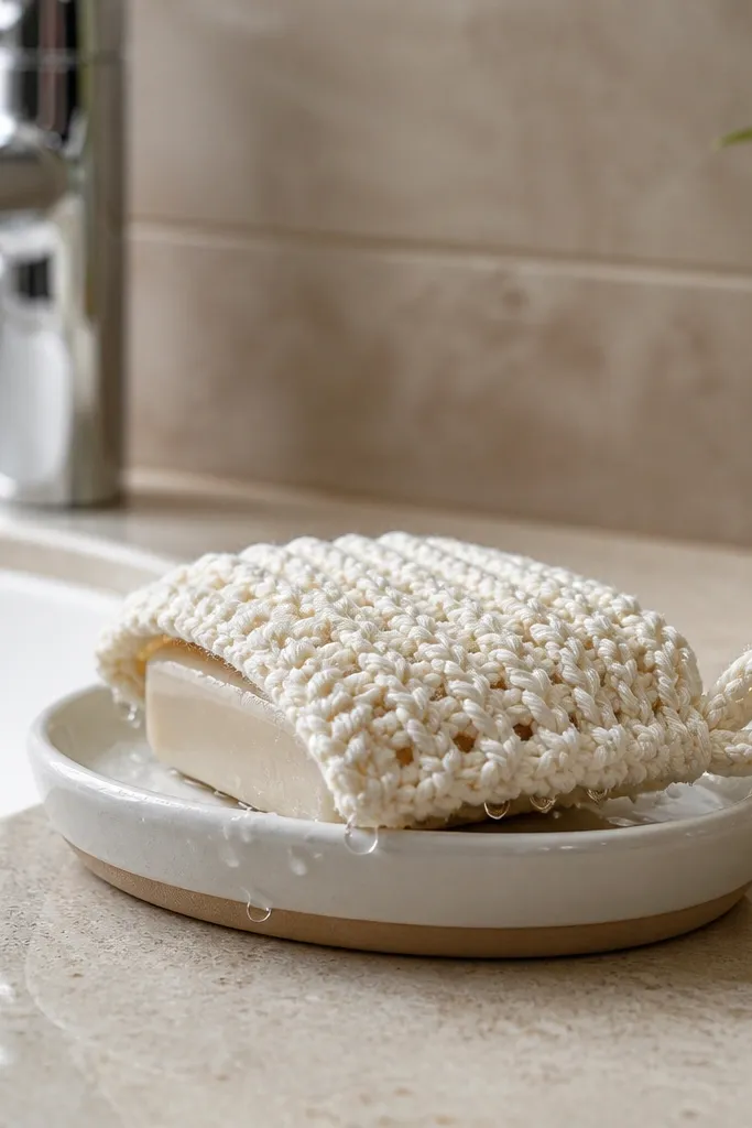 Small crochet soap saver pouch with tight openings in neutral yarn