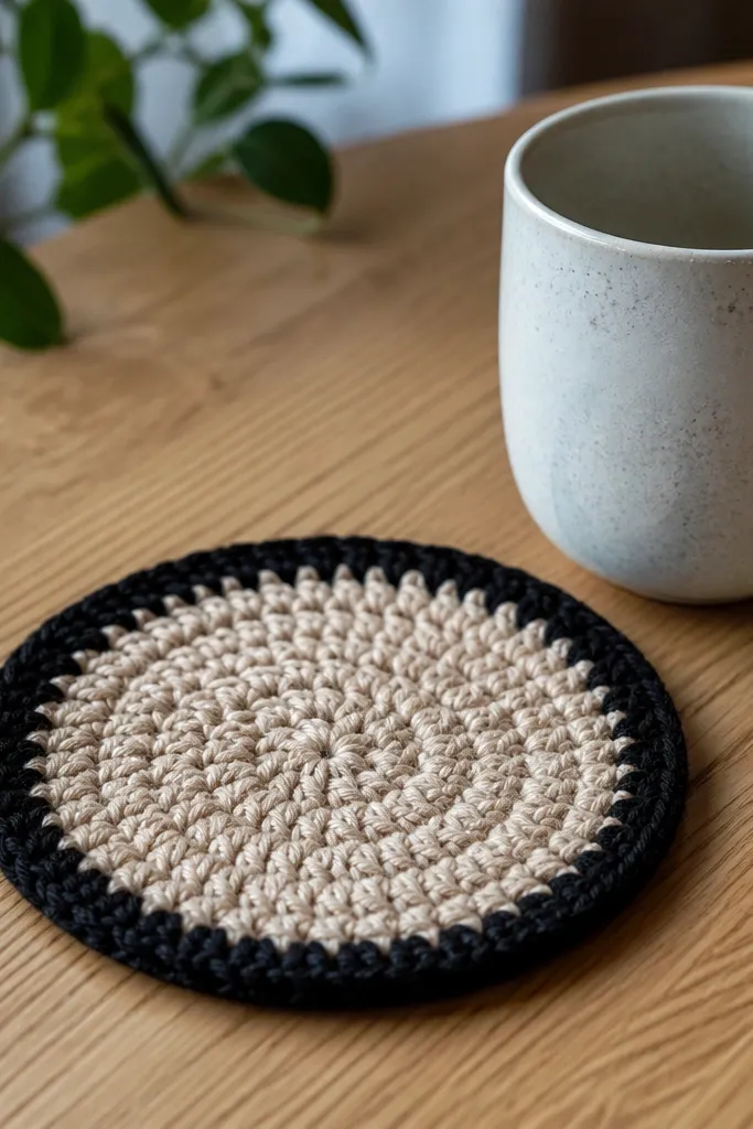 Round coaster with a neutral center and a contrasting border edge
