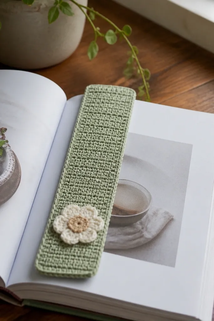 Slim bookmark with a small flower applique centered on a cream strip