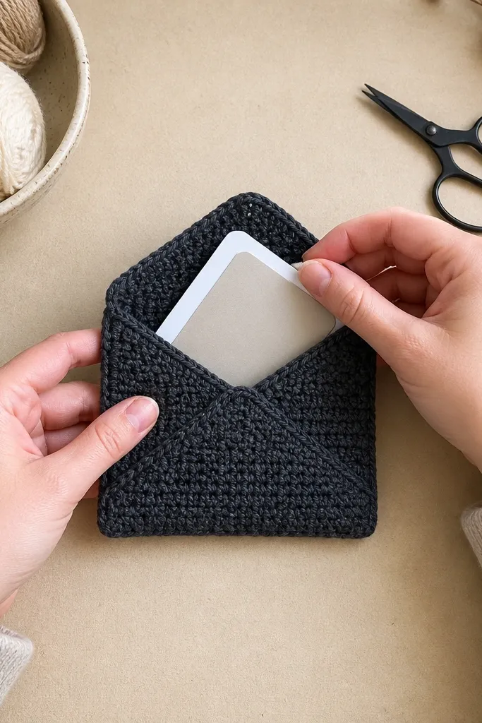 Small crochet envelope card holder with a flap and clean seams