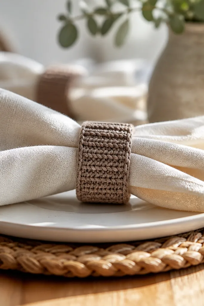 Small napkin ring with ribbed crochet texture in taupe