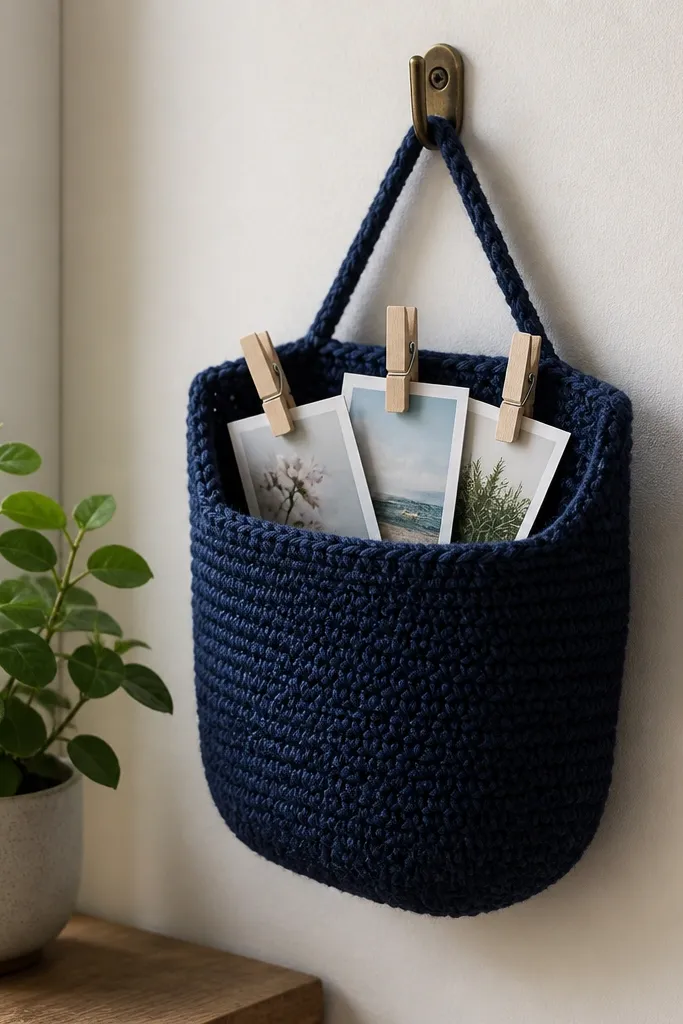 Small crochet pouch with an open front for clips and a clean strap