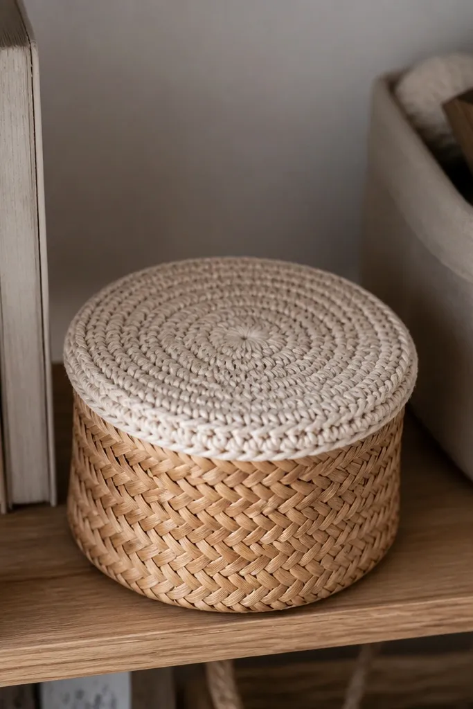 Small round crochet piece like a lid coaster in gray with tight stitches