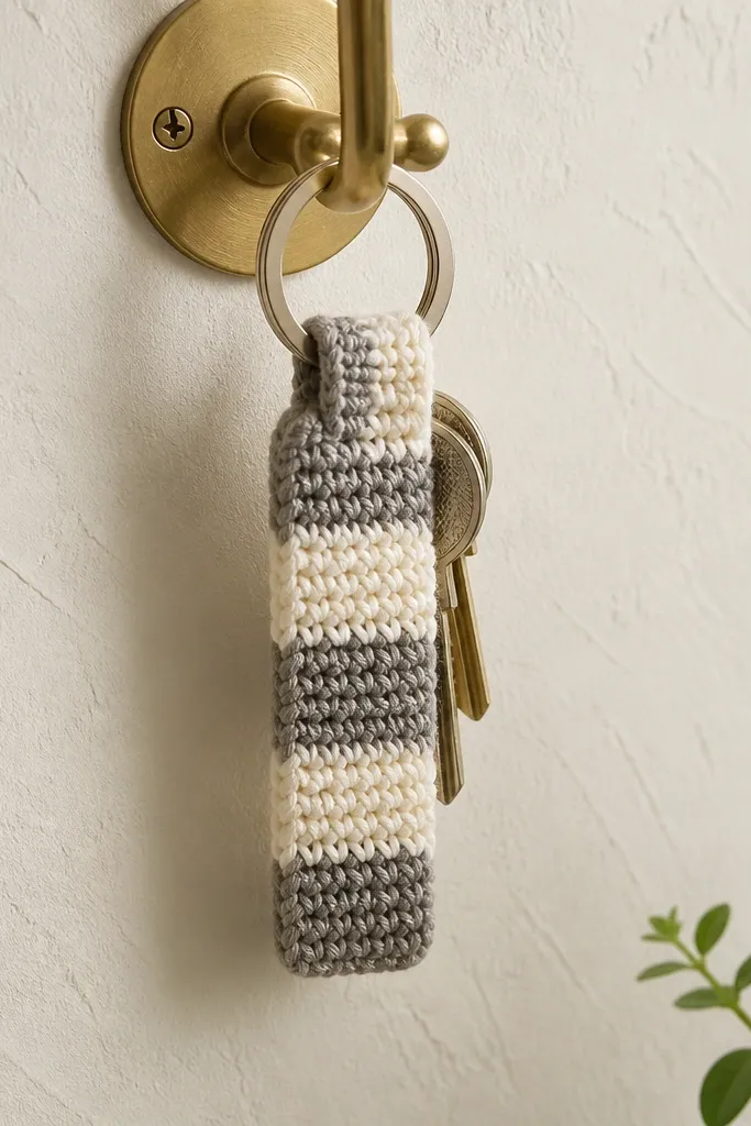 Short crochet key fob with neat alternating color blocks