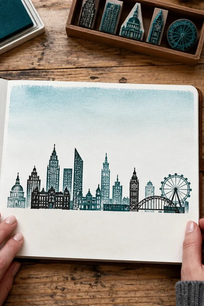 A row of stamped building shapes in teal and black with a sky wash