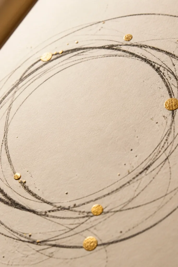 Black circles orbit around a center with gold dots scattered neatly