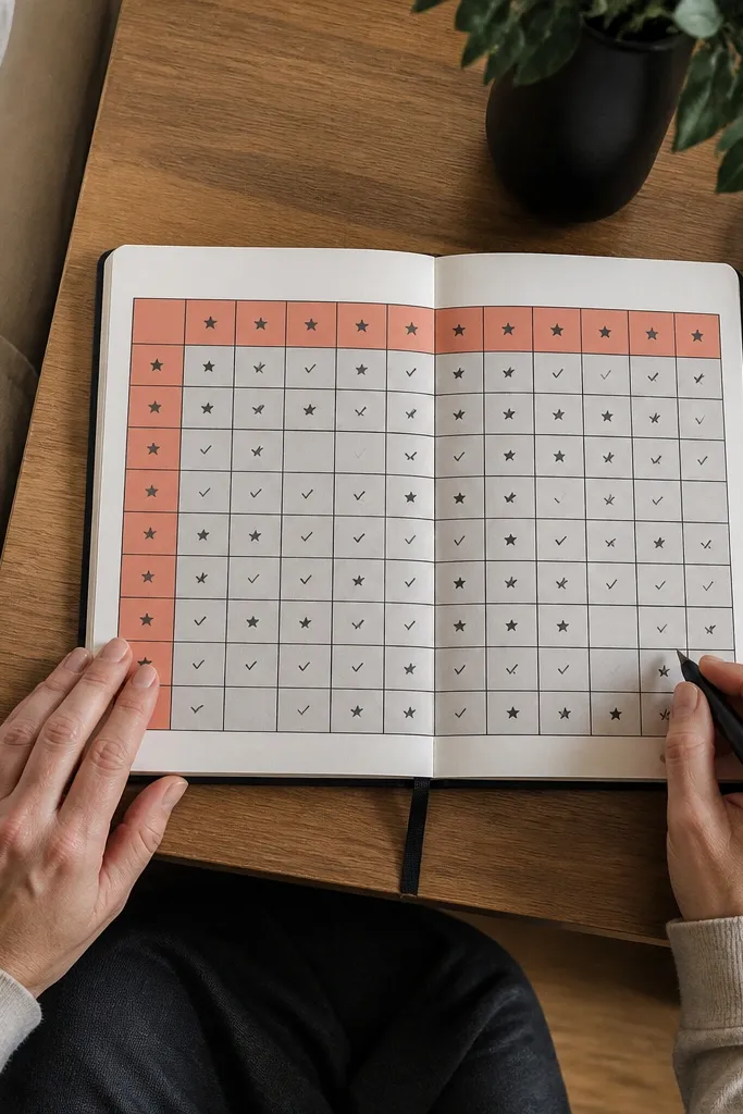 A neat grid checklist with colored squares and small icons