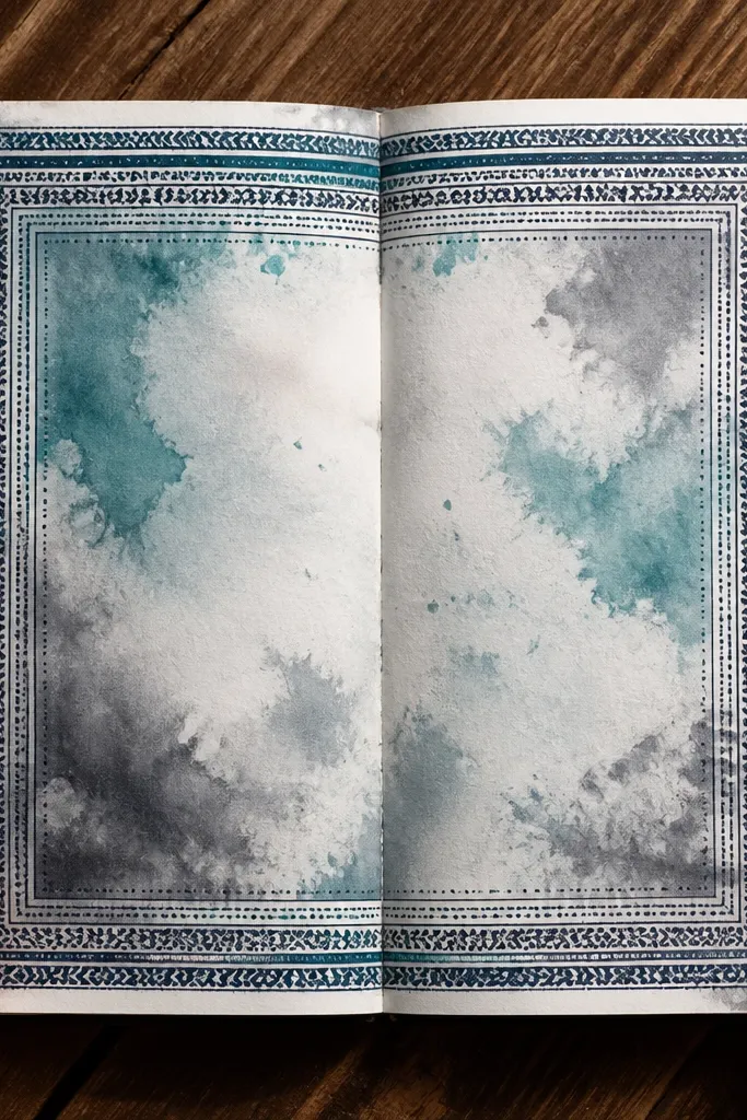 A stencil border around the page with layered ink wash inside