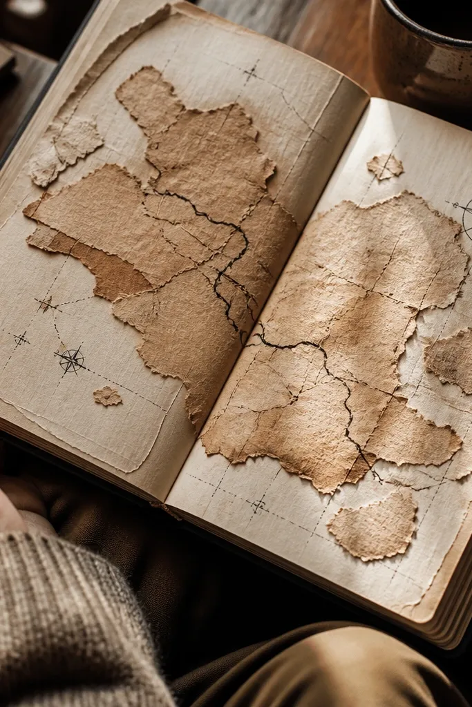 Torn paper shapes like a map with a route line and compass marks