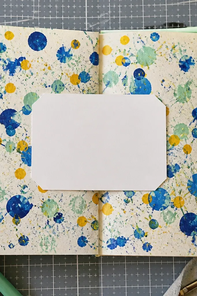 Confetti dots around a centered card shape with a bold title