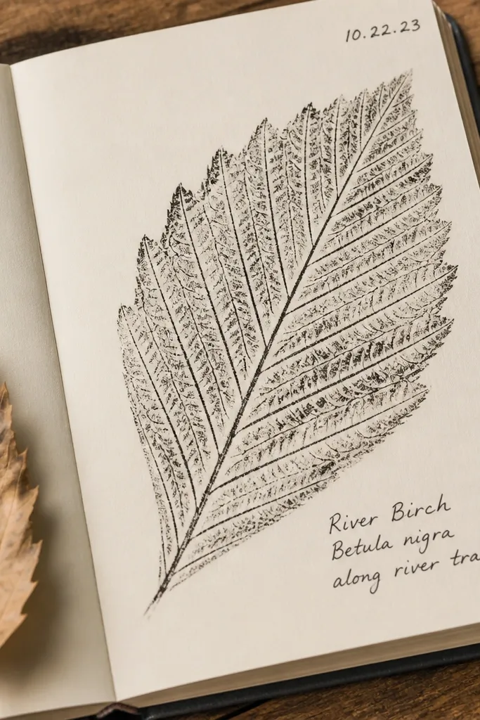 Leaf-like textures in black ink with a cream background and small labels