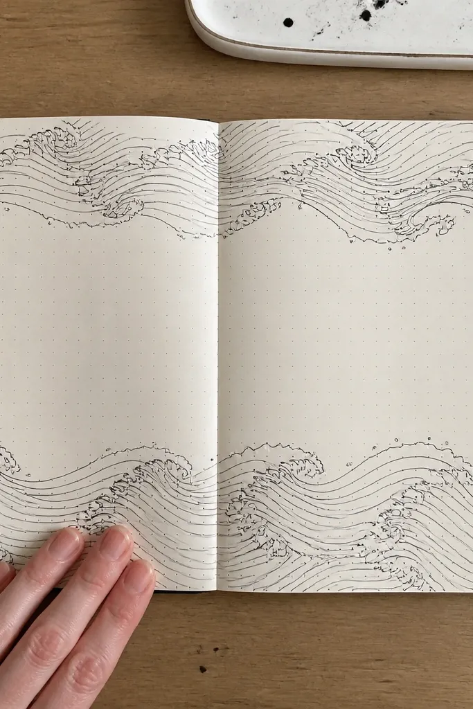Black ink wave doodles with white gel pen highlights on top