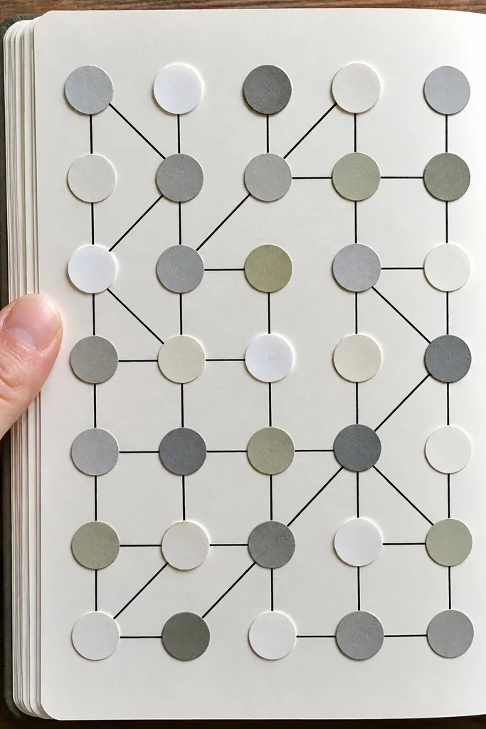 A mosaic of circles with black lines connecting them across the page