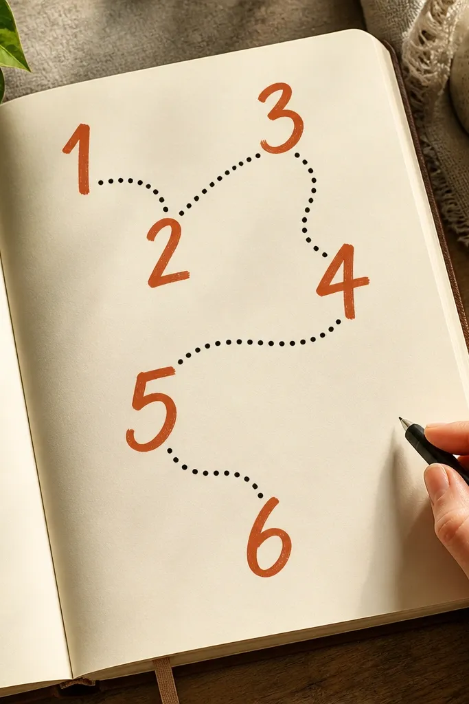 Large handwritten numbers with a dotted path leading across the page