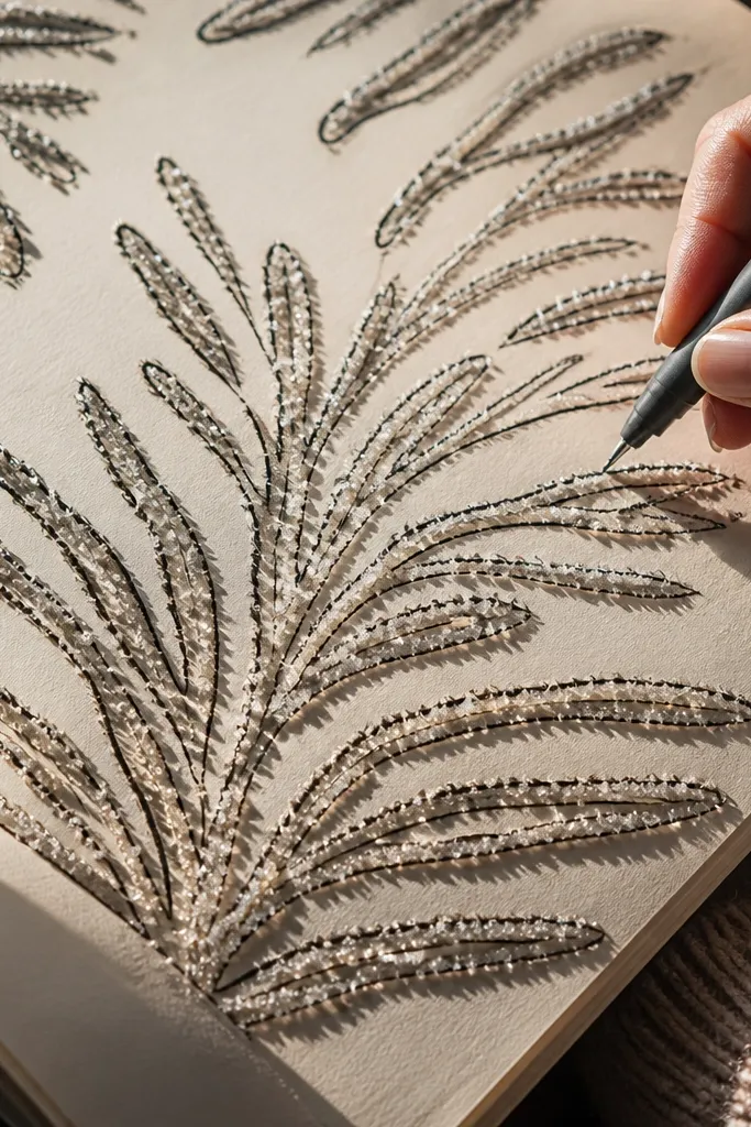 Raised glue scribbles sprinkled with salt and finished with marker lines