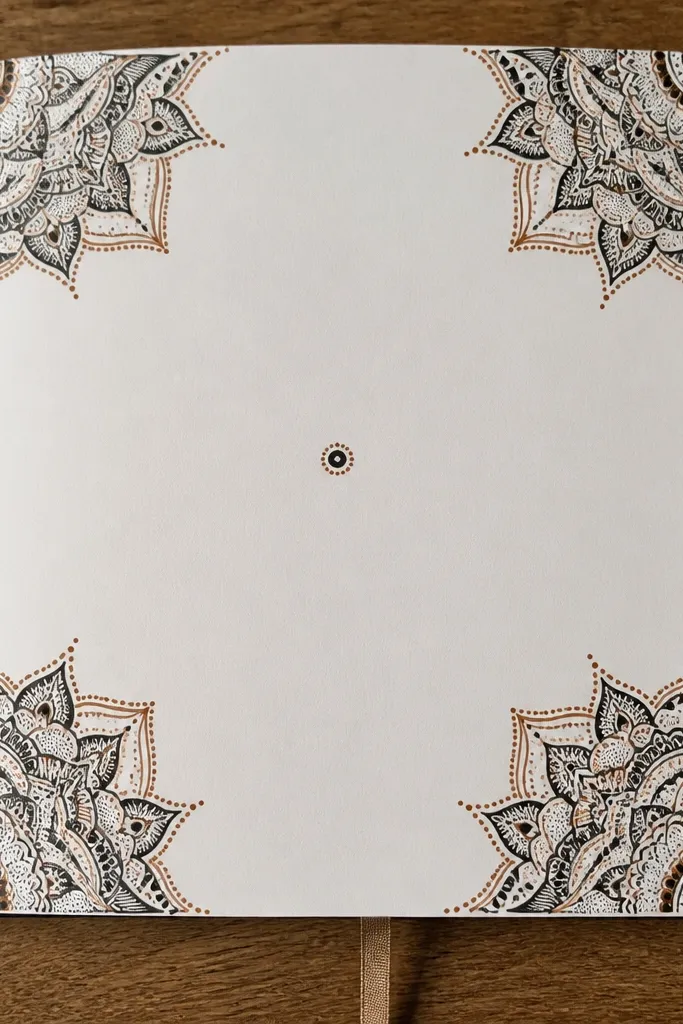 Mandala-like linework in the corners with a mostly blank center