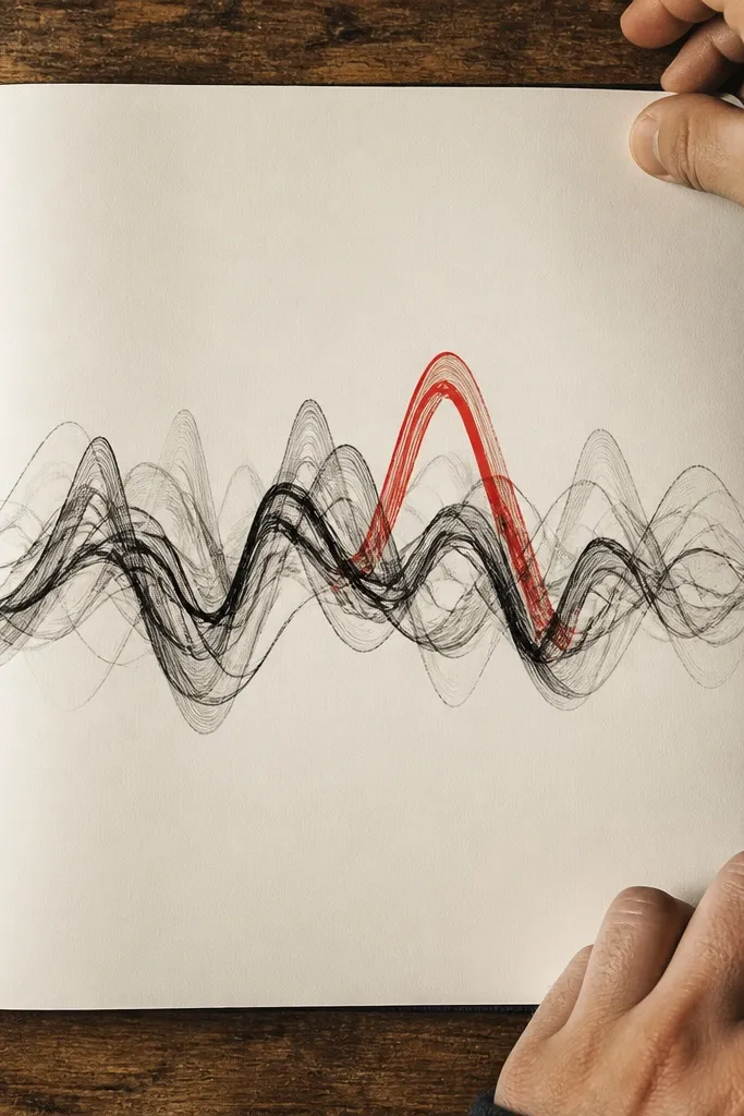 Black scribble wave lines with one red accent mark in the center