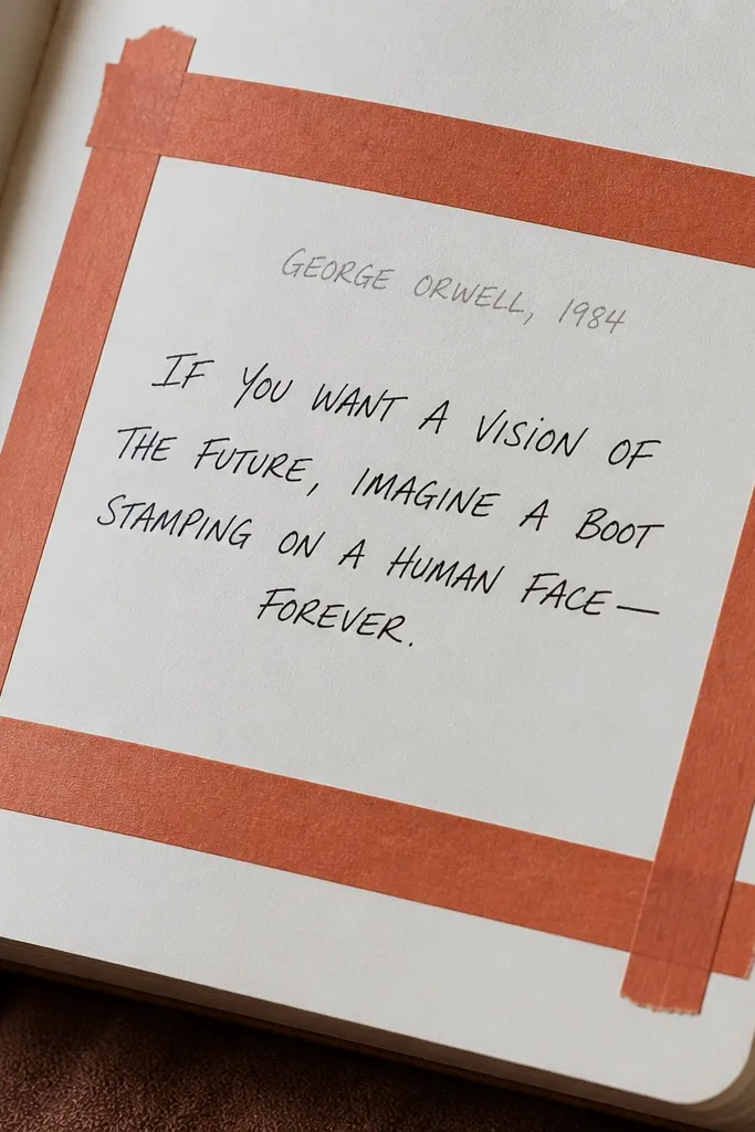 Black quote text inside a terracotta tape border on off-white paper