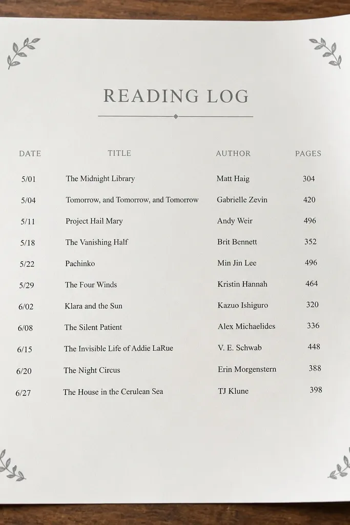 Four stamped corner icons with a monochrome reading log list in the center