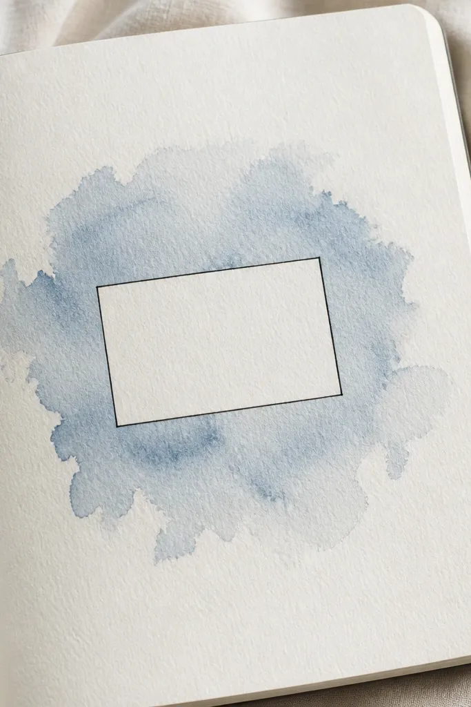 Soft watercolor background with a single black title box centered on the page