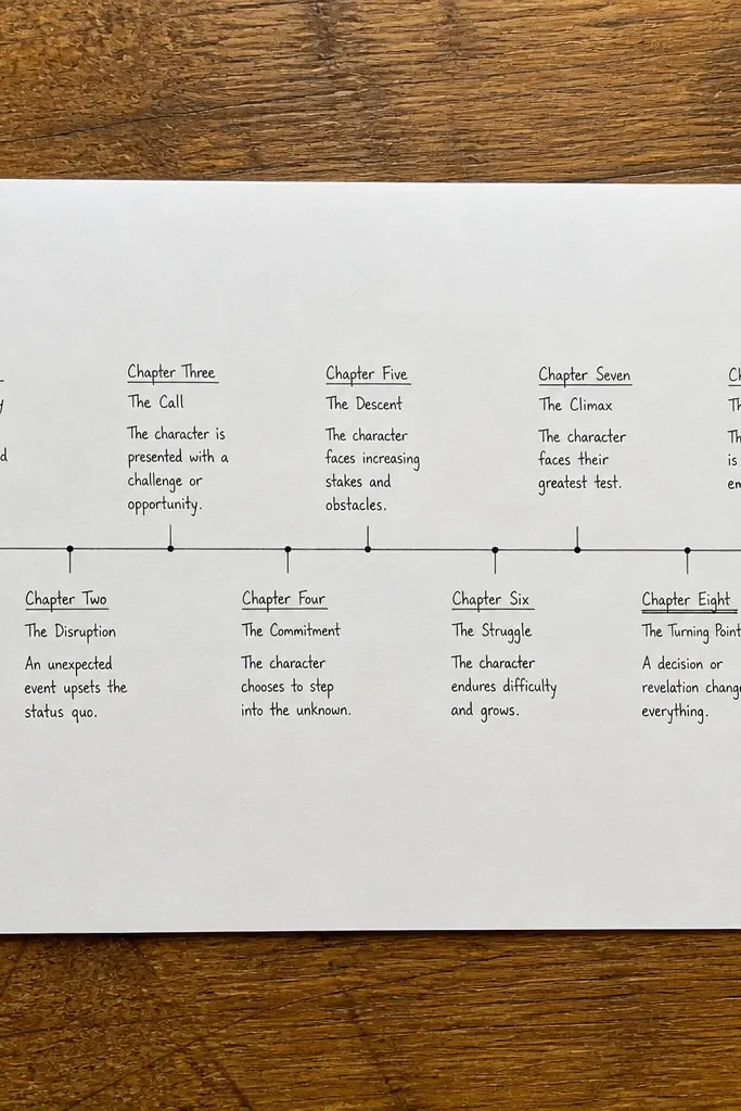 Horizontal ink timeline with chapter names and dates in small text