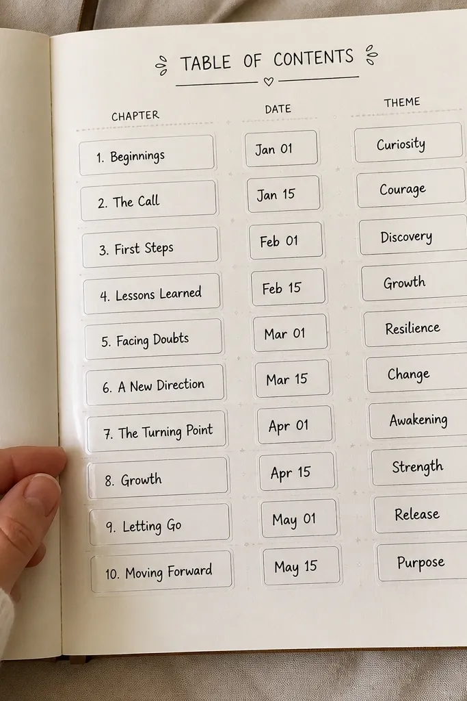 Stacked label-style boxes with chapter titles and dates on a clean page