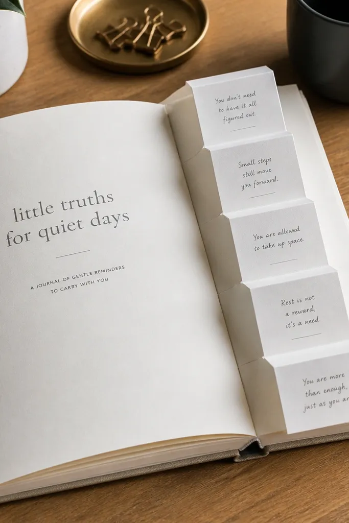 Accordion-fold paper insert holding mini quotes tucked into a journal page