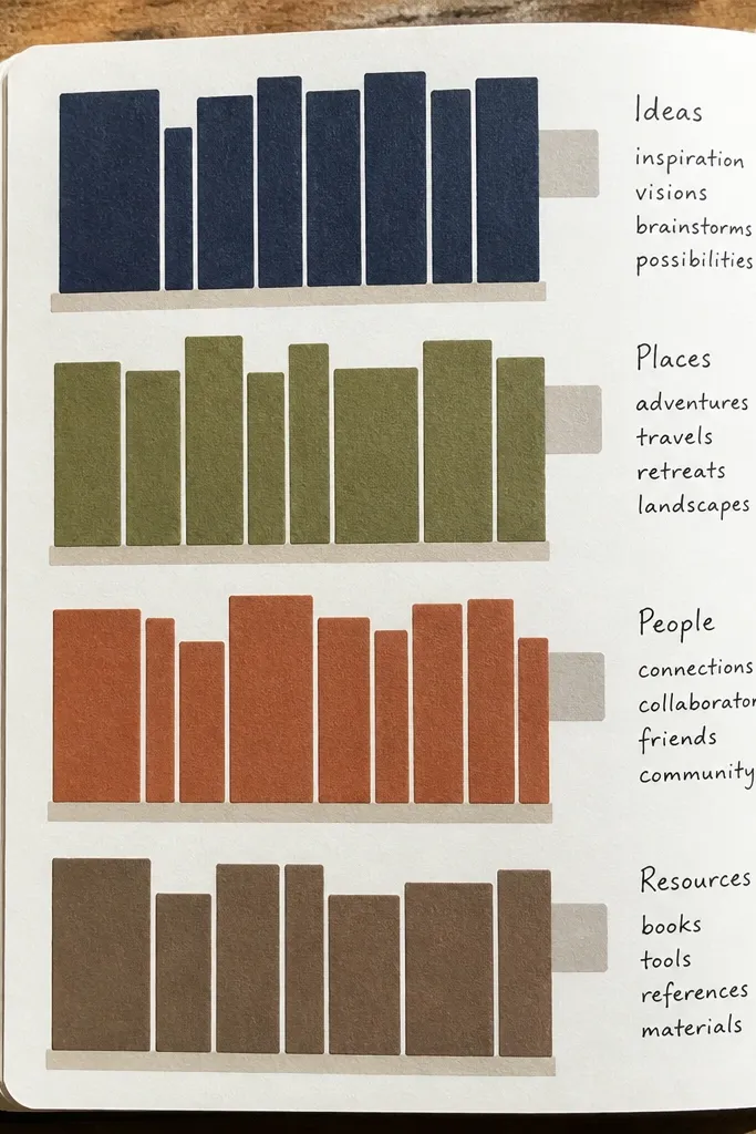 Color blocks like book spines with short notes aligned beside each block