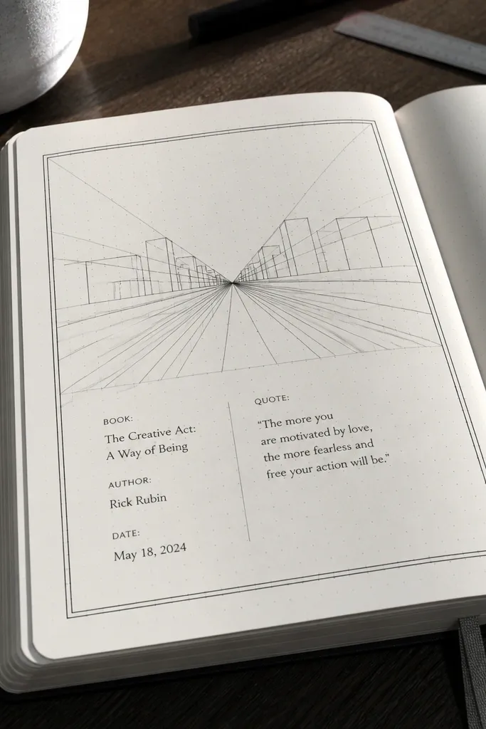 A perspective rectangle frame with a vanishing-point line around journal text