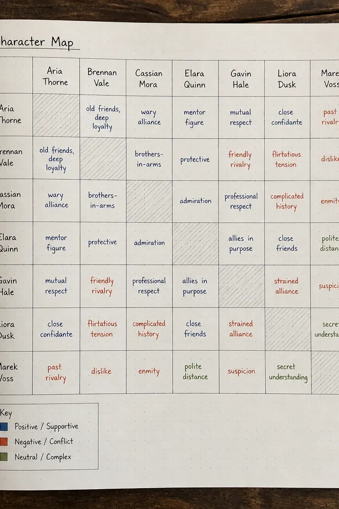 Character grid map with colored key dots and short relationship notes