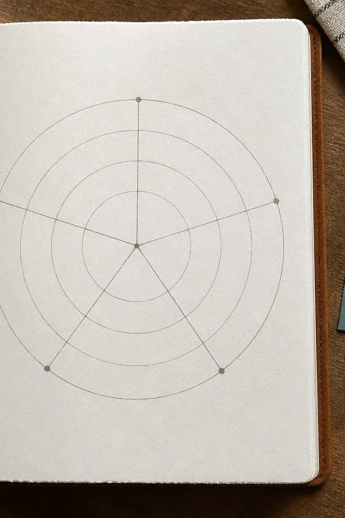 Journal page with five labeled points around a small circular radar chart.