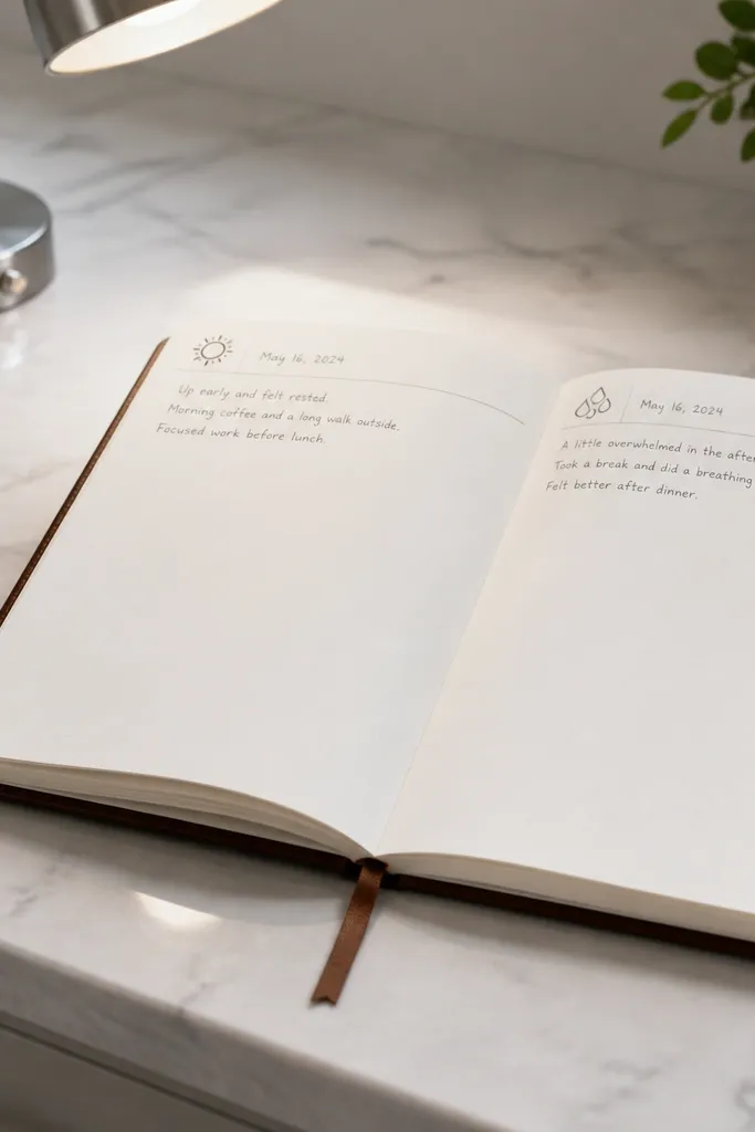 Clean journal page with a wide top banner and small mood icons.