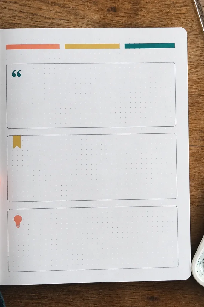 Journal page with three colored bars labeled for notes, quotes, and themes.