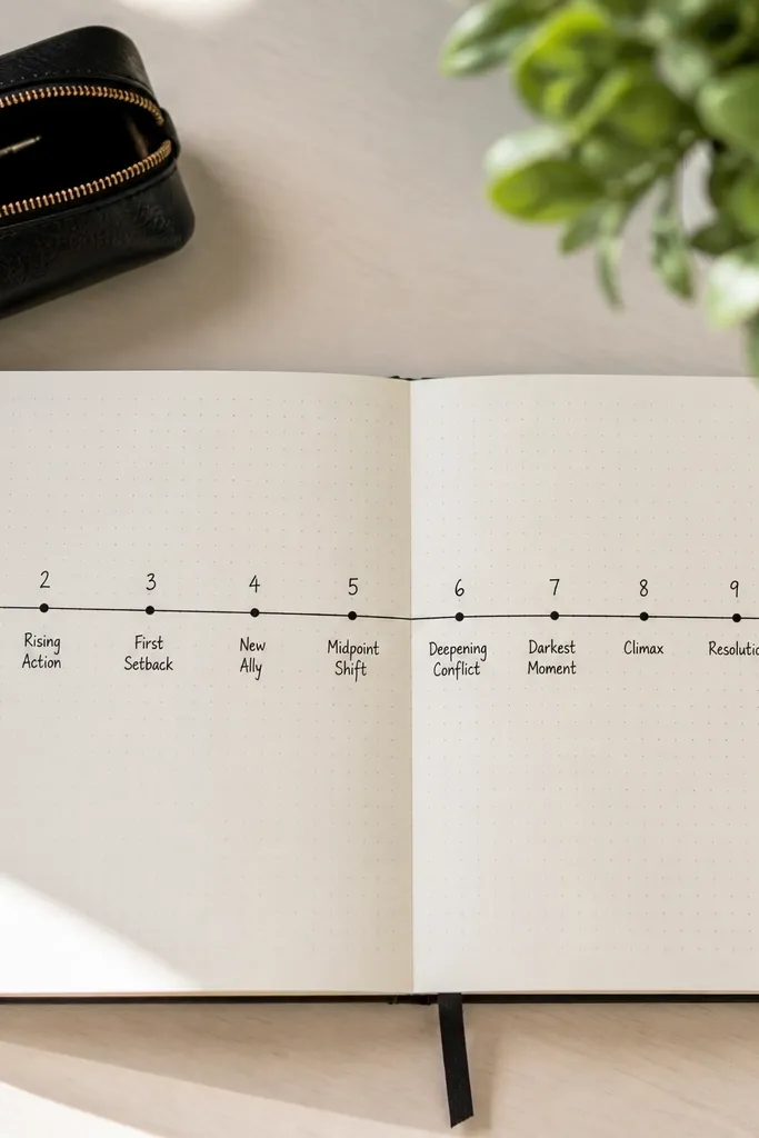 Timeline line with numbered points and milestone notes in small boxes.