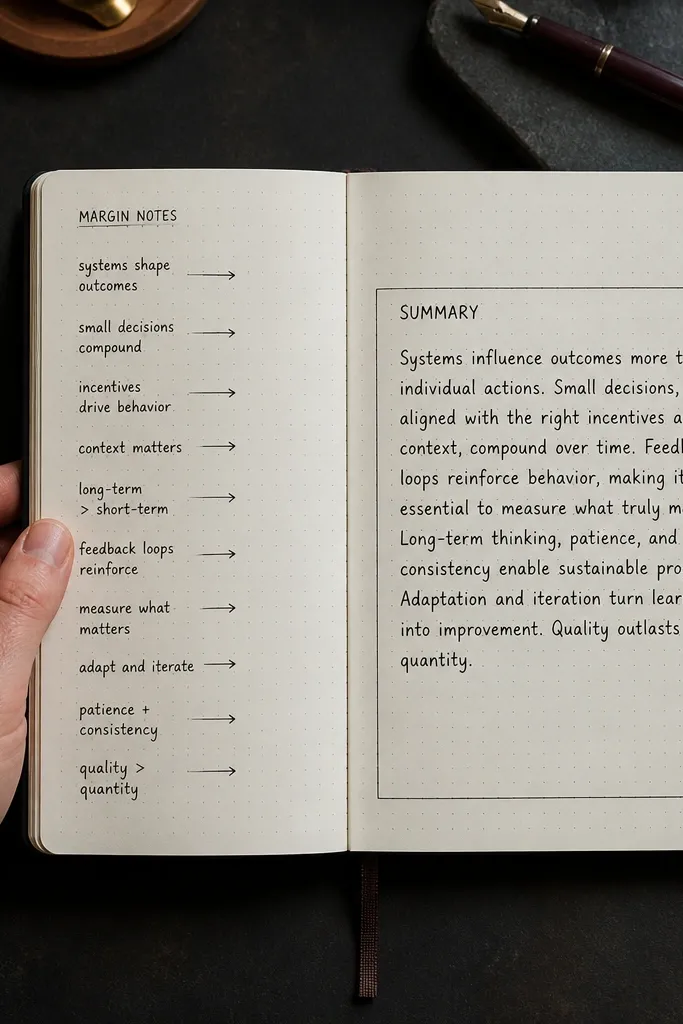 Split page with narrow left margin notes and a wider right summary area.