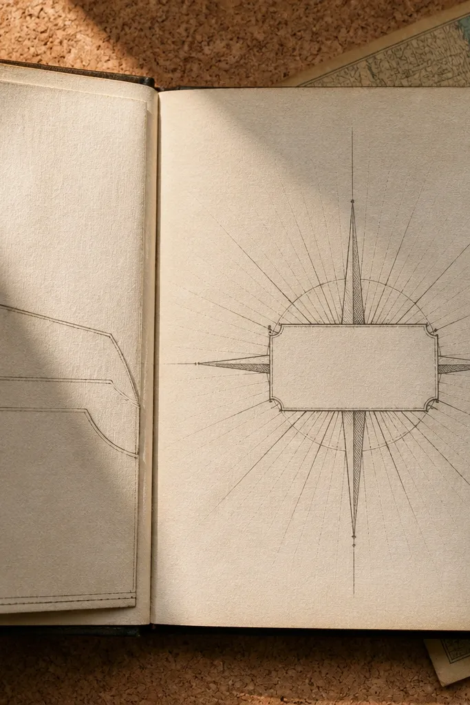 Book journal page with pocket-style margins and a large compass quote