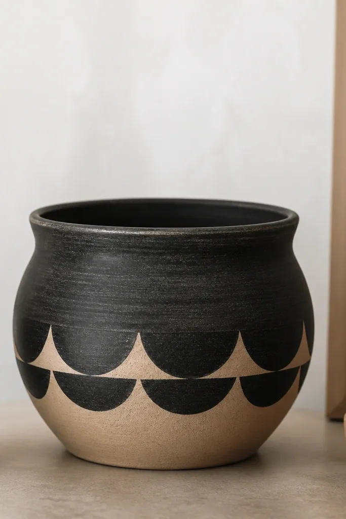 A terracotta clay pot painted with a chalky black upper half and warm sand lower half, with repeating half-moon shapes stacked along the middle band; the rim is black and slightly dry-brushed for a soft matte finish.