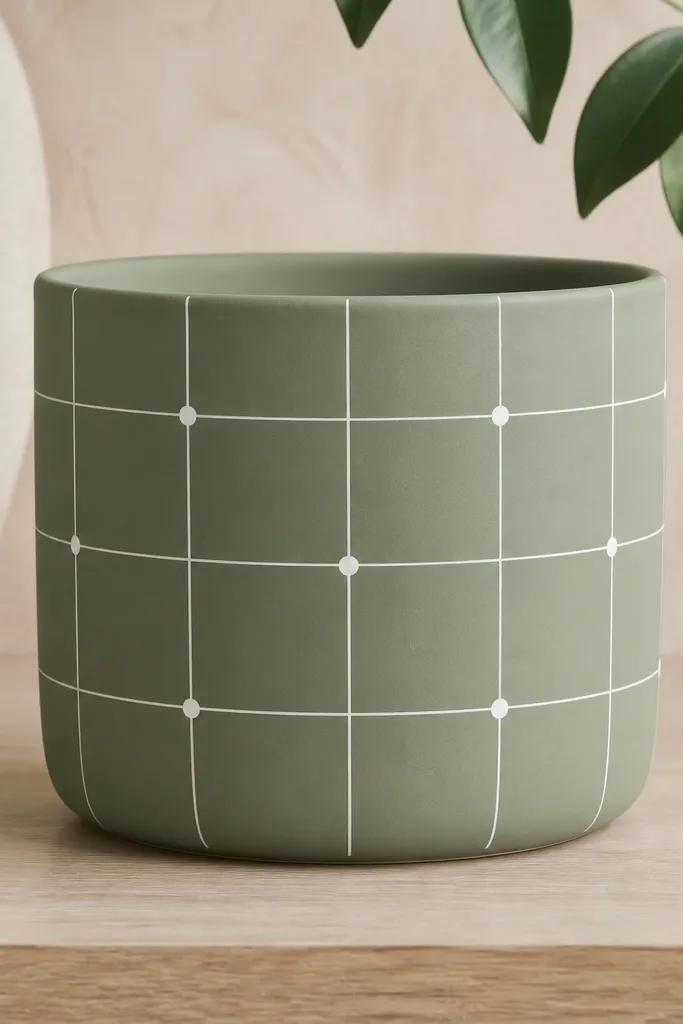 A matte sage-green clay pot with a thin white grid drawn in straight lines, plus small white dots placed at selected intersections; the rim is painted sage and the base is evenly coated.