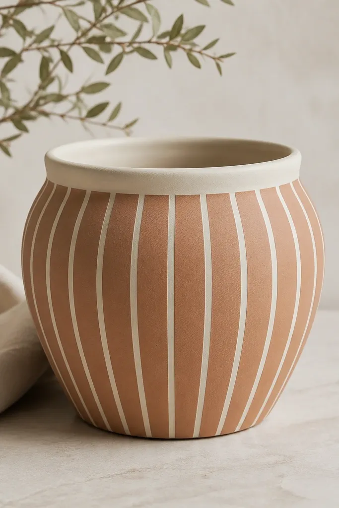 A clay pot with the terracotta still visible as the base, overlaid with cream vertical pinstripes spaced evenly; the rim and inner lip are cream, with a matte finish.