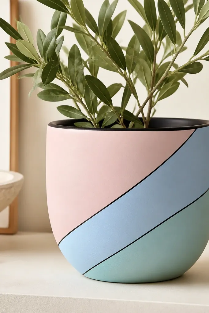 A pot painted with pastel diagonal blocks in blush pink, pale blue, and soft mint, separated by a single black outline line tracing the block edges; the rim is black.