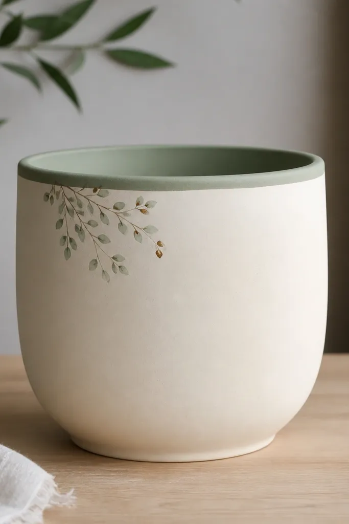 A matte cream pot with a small cluster of tiny painted leaves and a sprig in one corner near the top; the rest of the pot is plain cream and the rim is muted green.