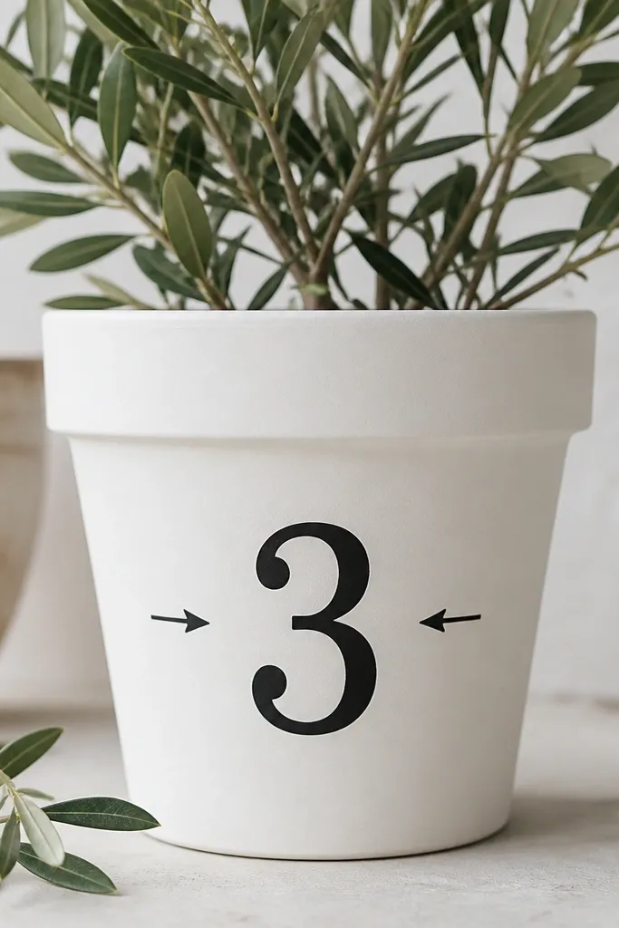 A white pot with a large black number near the front and small black arrows pointing toward it; the rim is off-white and the surface is clean matte.