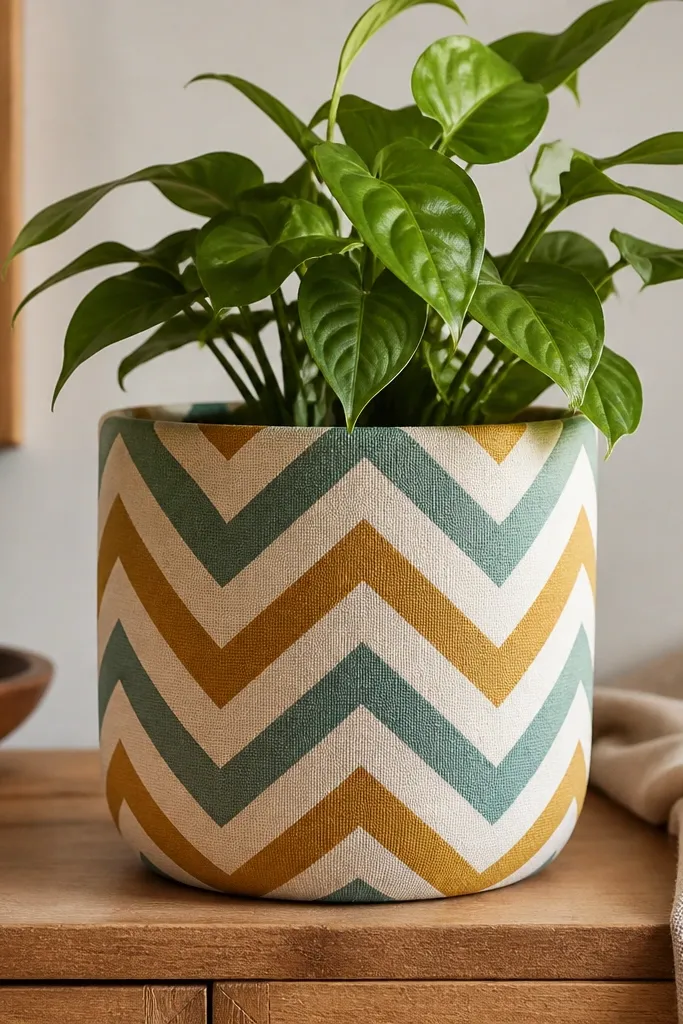A pot wrapped with chevron stripes in alternating colors like mustard, cream, and muted teal; the chevrons line up around the curve and end cleanly at the base.