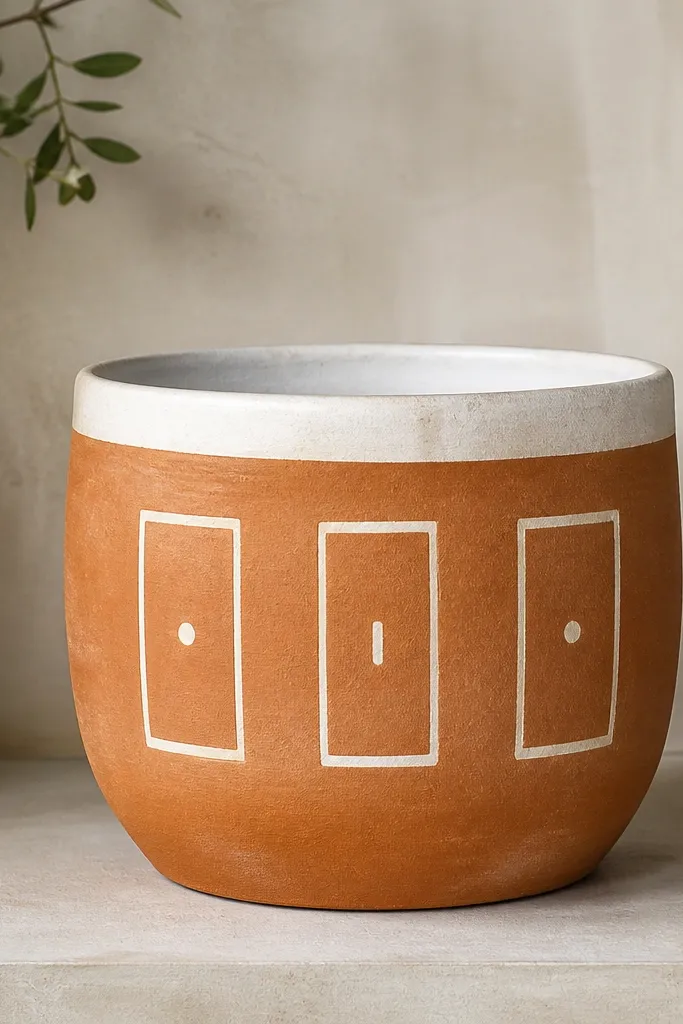 A terracotta pot left mostly natural, with three vertical white rectangular frames spaced evenly; inside each frame is a simple dot or short line mark, and the rim is white.