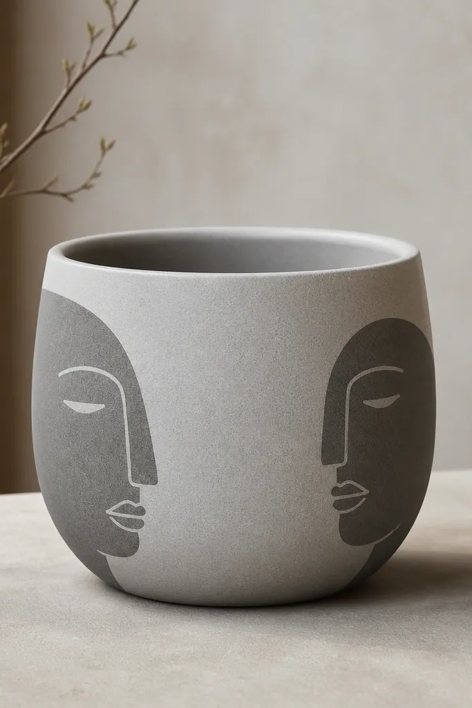 A light gray pot with two minimalist face silhouettes painted in darker gray near opposite sides; the faces have simple line features and the rim is the same light gray.