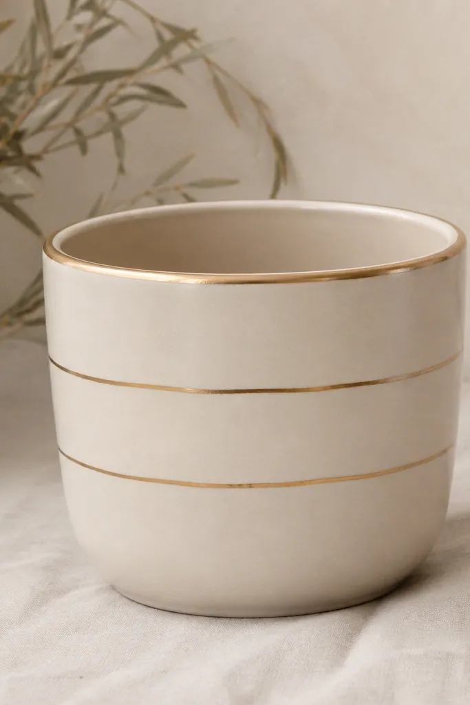 A cream pot with three thin gold rings around it, each ring slightly imperfect and hand-drawn; the rim is cream with a small gold line on the outer edge.